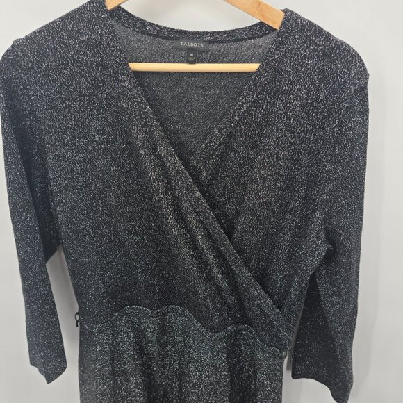 Talbots Black Glitter Merino Wool Long Sleeved Holiday Midi Dress Size Medium - Picture 3 of 10
